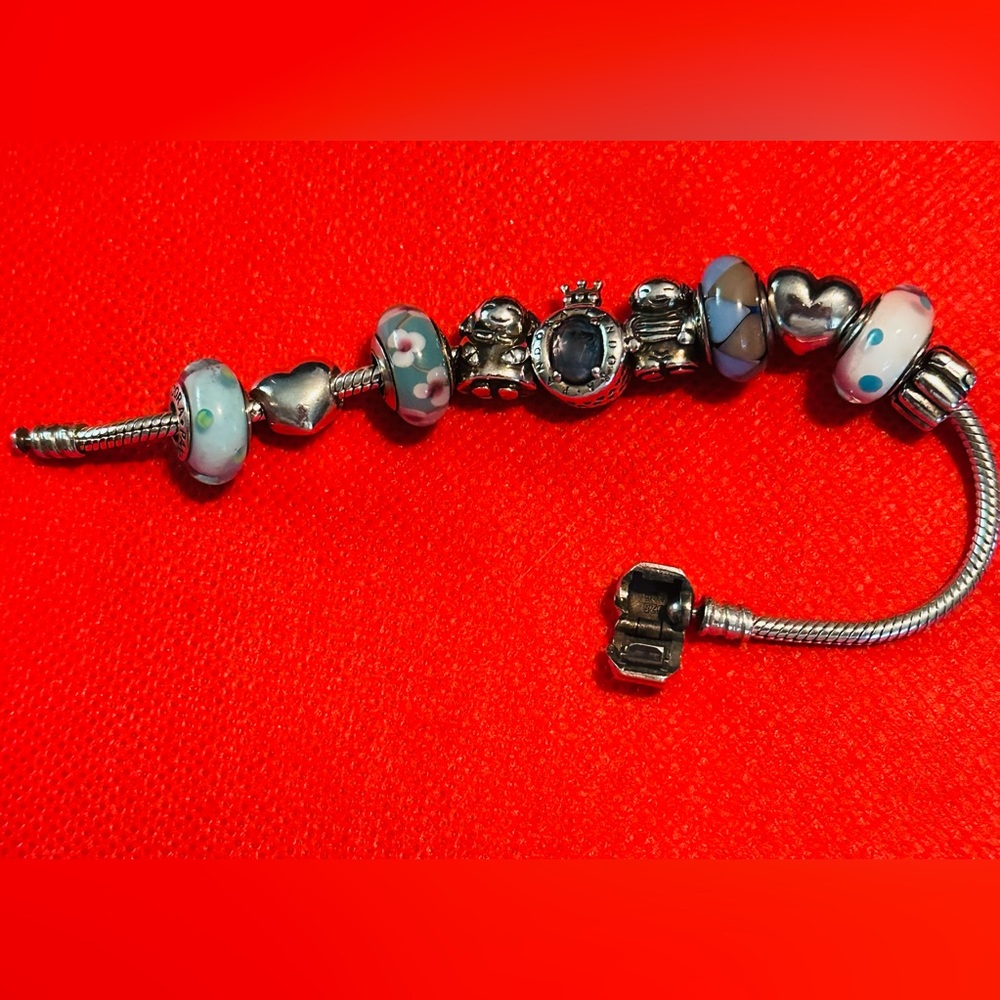 Authentic Pandora Silver and Blue Charm Bracelet with 10 charms - Picture 3 of 5